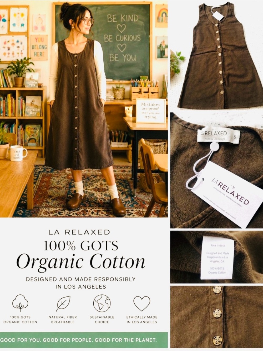 LA Relaxed Women's Brown Organic Cotton Hemp 100% organicButton-Front Vest Dress